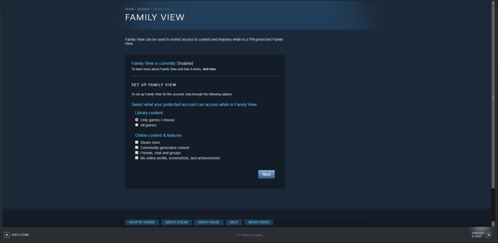 Screen grab of Steam "Family View"