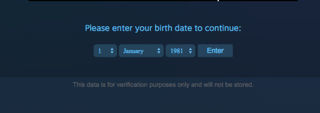 Screen grab of Steam age verifier